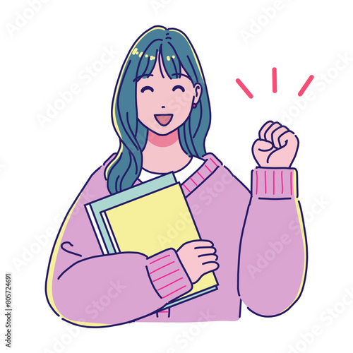 本を持つアニメ風の女子学生