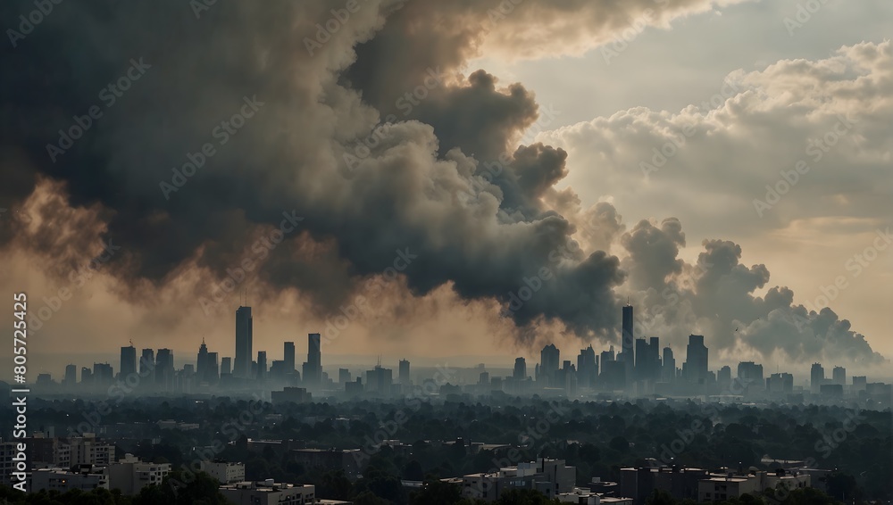 Thick billows of smoke obscure the skyline, shrouding the city in mystery and intrigue ai_generated