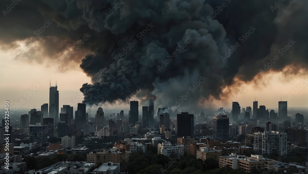 Thick billows of smoke obscure the skyline, shrouding the city in mystery and intrigue ai_generated