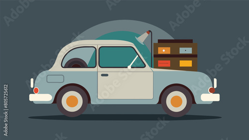 An antique grey music box car featuring a record player installed in the trunk and a collection of vinyls on display in the backseat. Vector illustration