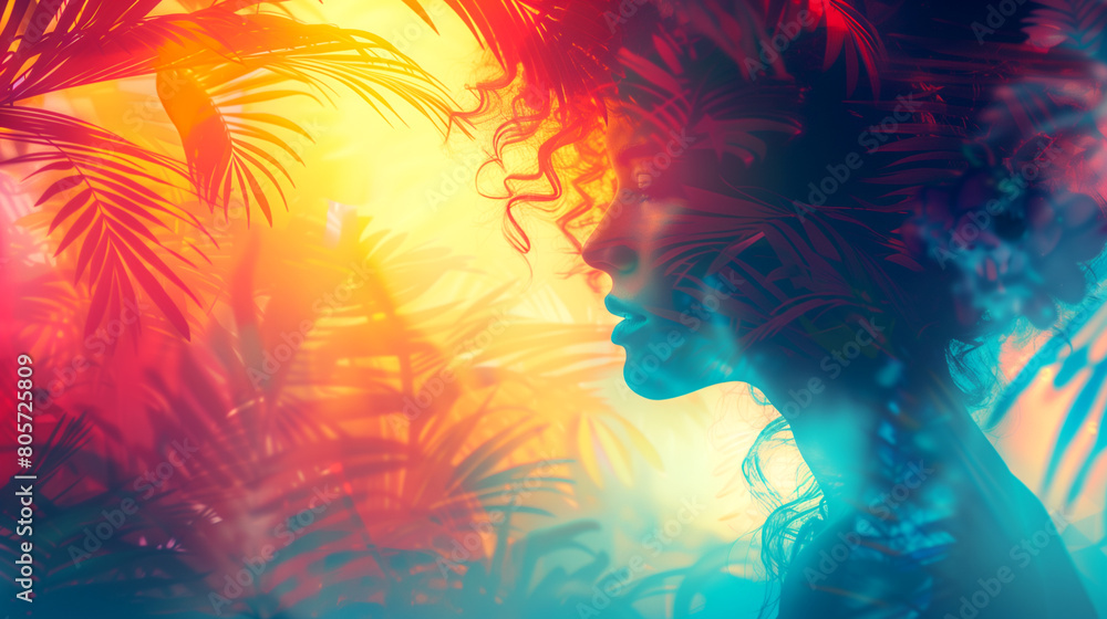 A woman with curly hair is standing in a jungle with palm trees A woman with curly hair is standing in a jungle with palm trees