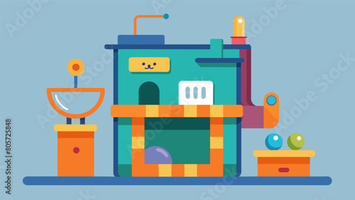 An allinone pet entertainment unit that includes a water fountain a ball launcher and a scratching post.. Vector illustration