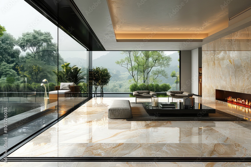 Fototapeta premium Minimalistic living room interior. This minimalistic living room embraces simplicity with its open layout, neutral color scheme, and carefully curated decor.