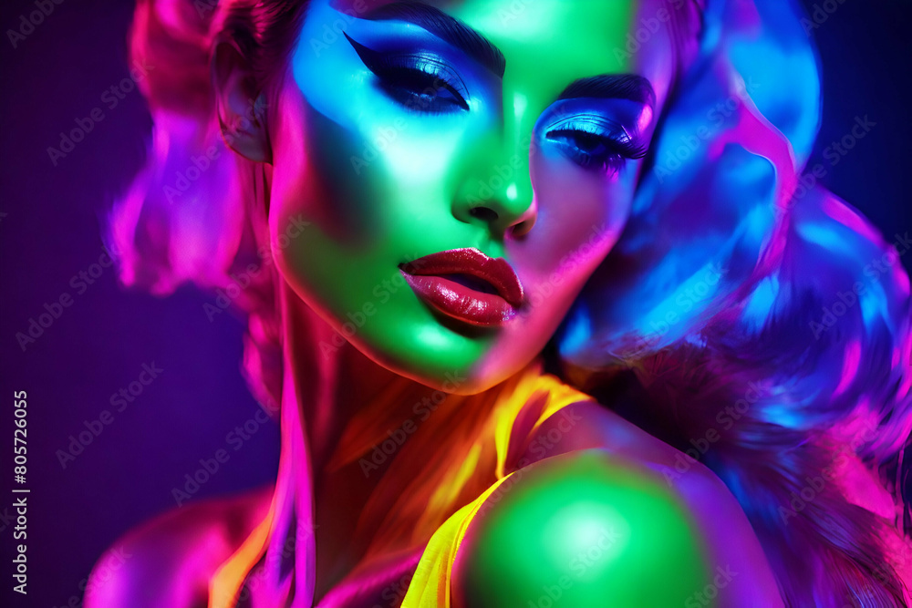 Fashion model woman in neon light, portrait of beautiful model with fluorescent Fashion model woman in neon light, portrait of beautiful model with fluorescent