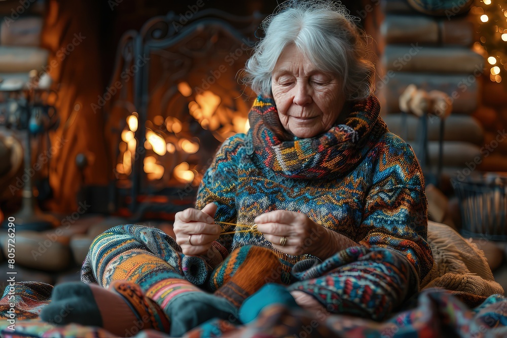 Grandmother knitting colorful socks for her grandchildren. Tiny toes, adorned with grandma's knitting magic.