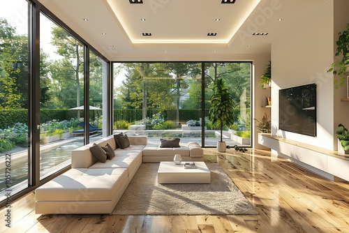 Minimalistic living room interior. With its minimalistic decor and abundant natural light, this living room exudes a sense of calm and tranquility.