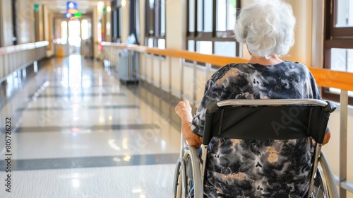 An old woman sits in a hospital corridor waiting to see a doctor. Frail hands clutching a worn handbag, she sits patiently, her resilience shining through. photo