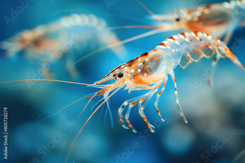 A close-up of a single, fresh shrimp isolated on a bluewater background