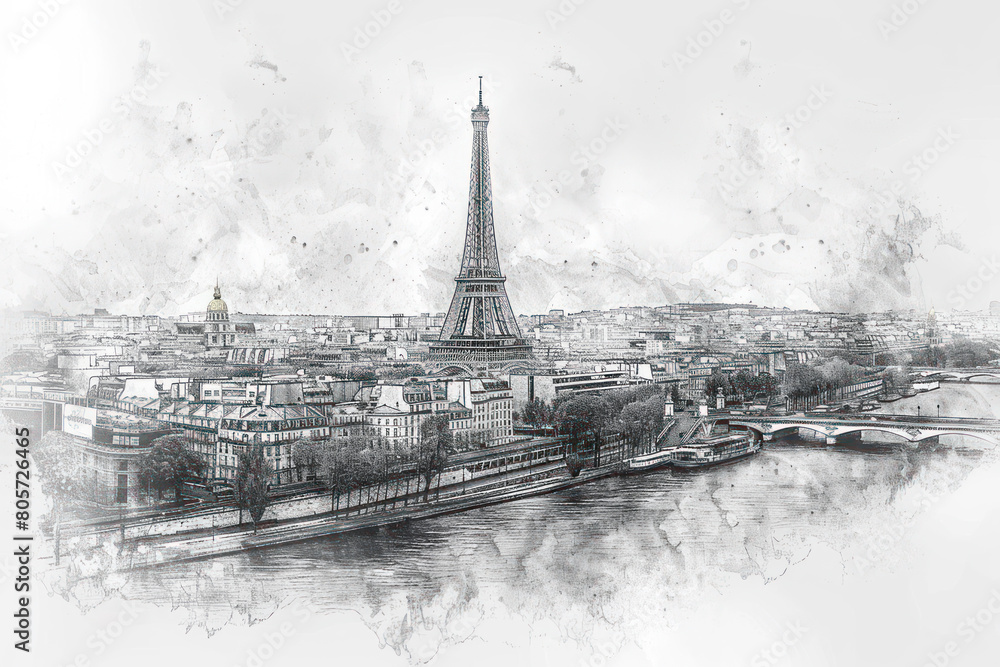 Obraz premium Pencil sketch illustration of Paris cityscape with the Eiffel Tower