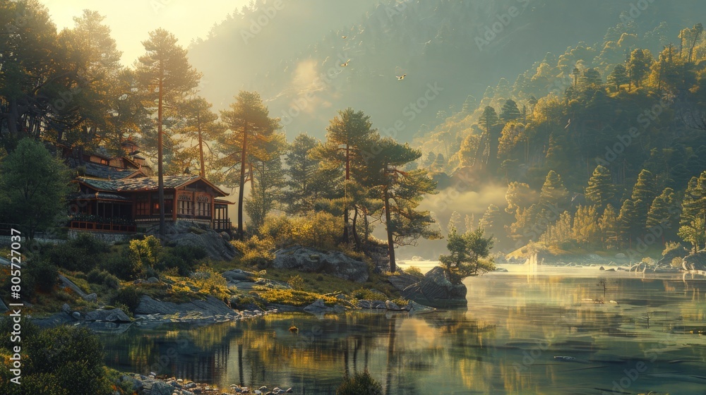 Fototapeta premium Morning light in Shangri La: A serene and tranquil atmosphere in the Himalayas.