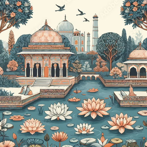 Free vector Mughal garden, lake, water lily, temple vector illustration pattern photo