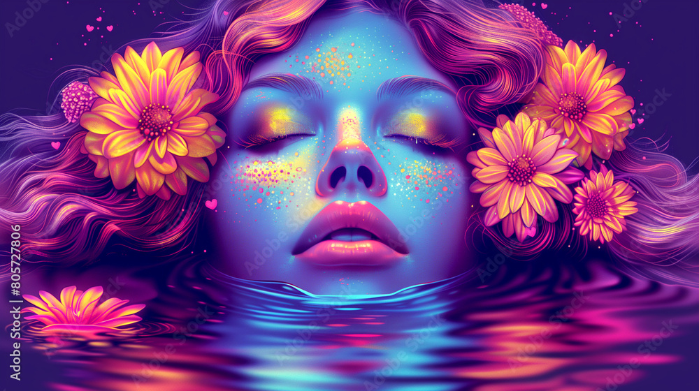 A woman's face is floating in a body of water with flowers surrounding her A woman's face is floating in a body of water with flowers surrounding her