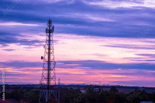 Wallpaper Mural Purple blue sky High voltage pole electric wiring distribution landscape energy engineering. Electricity energetic background purple blue sky countryside. Electric power energy engineering industrial Torontodigital.ca