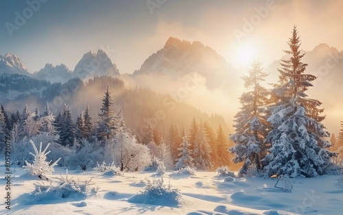 Beautiful Alpine landscape in winter. Fantastic cold morning in the forest. snow covered pine trees under the warm sunlight. Very beautiful mountain plateau