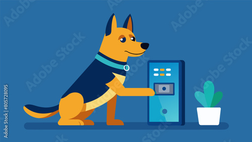 A loyal German Shepherd pressing a button on the device to notify its owner that it needs to go outside to use the bathroom.. Vector illustration photo