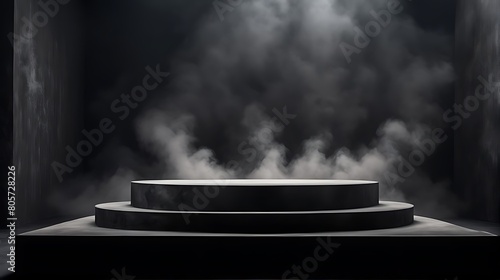  Podium black dark smoke background product platform abstract stage texture fog spotlight. Dark black floor podium dramatic empty night room table concrete wall scene place display studio smoky dust 