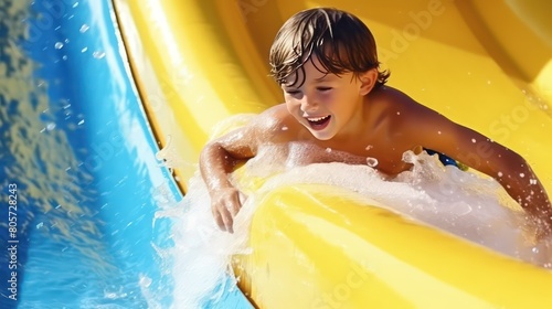 A little boy slides down a water slide and having fun.