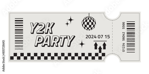 Trendy Retro ticket template . Hippie style party ticket with futuristic elements. Y2k style design.