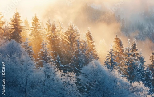 Beautiful Alpine landscape in winter. Fantastic cold morning in the forest. snow covered pine trees under the warm sunlight. Very beautiful mountain plateau photo
