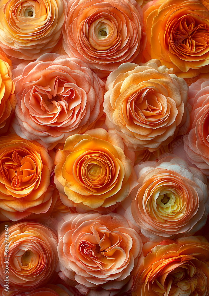 A close up of many orange flowers with a yellow center A close up of many orange flowers with a yellow center