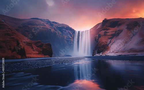  Icelandic Landscape. Classic long exposure view of the famous Skogafoss waterfall with reflections. Dramatic view of Iceland at sunset. very impressive view