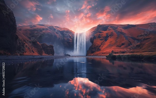  Icelandic Landscape. Classic long exposure view of the famous Skogafoss waterfall with reflections. Dramatic view of Iceland at sunset. very impressive view © Harjo