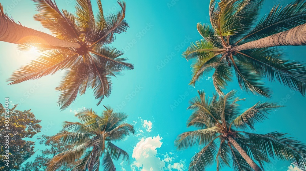 Blue sky and palm trees view from below, vintage style, tropical beach and summer background, travel concept Blue sky and palm trees view from below, vintage style, tropical beach and summer background, travel concept
