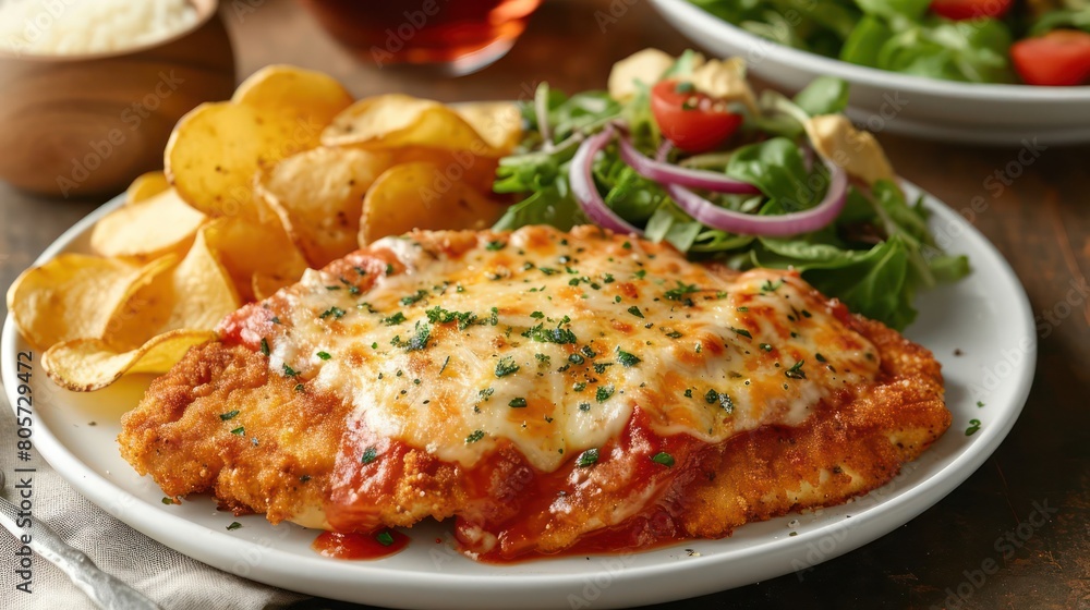 chicken schnitzel Parmigiana with melted cheese served with chips and salad on a white plate chicken schnitzel Parmigiana with melted cheese served with chips and salad on a white plate