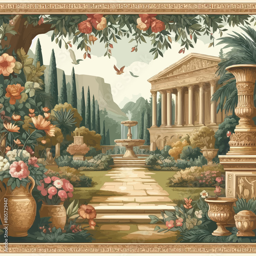 Free vector Vintage Roman mural wallpaper with garden, forest, temple, flower vase, botanical plant landscape illustration photo