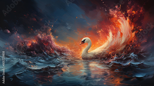 A Spectacular Oil Painting of Big White Swan in Colossal Waves Crashes Dramatically Seascape Background