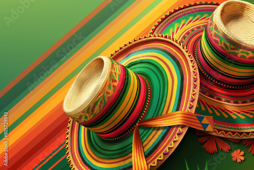  Cinco de Mayo fiesta abstract.  Bold colors dance in festive geometric patterns. Mexican hats. copy space