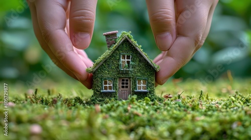 Eco House In Green Environment. Miniture House On Grass photo