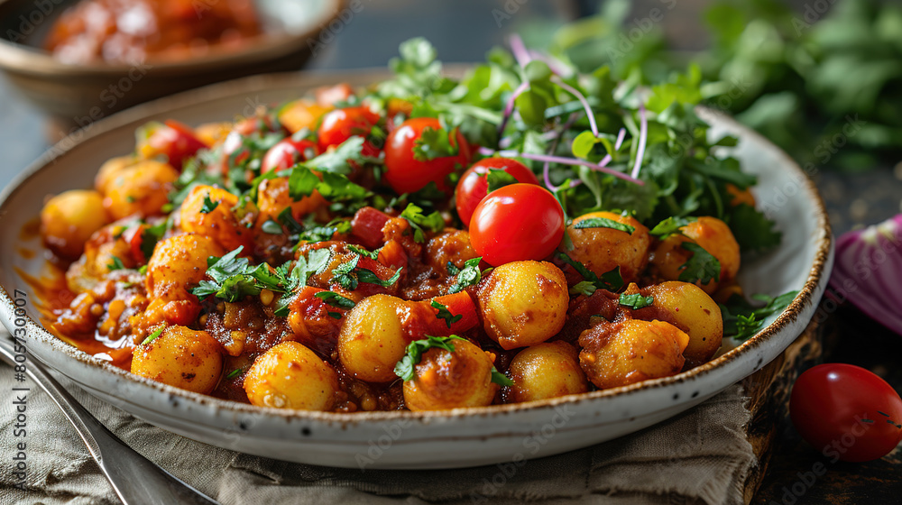 Delicious Aloo Chana Chaat Indian Dish On Isolated Blurry Background Delicious Aloo Chana Chaat Indian Dish On Isolated Blurry Background