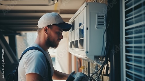Knowledgeable repairman diagnosing and fixing a faulty circuit board in an AC system photo