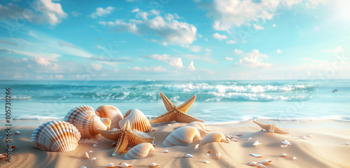 Tropical beach scene with seashells and starfish on sandy shore  ocean in the background  summer vacation concept banner template