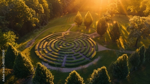 Amazing green maze field from above with sunset in the background