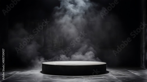  Podium black dark smoke background product platform abstract stage texture fog spotlight. Dark black floor podium dramatic empty night room table concrete wall scene place display studio smoky dust 