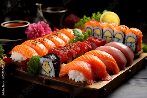 A plate of sushi with a variety of different types of sushi rolls