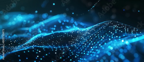 Abstract blue digital background with a wave of dots and glowing light effect on a dark black color