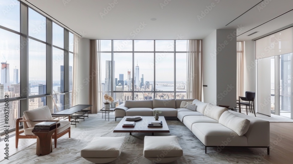 Modern luxury living room with floor-to-ceiling windows and stunning city views. Modern luxury living room with floor-to-ceiling windows and stunning city views.