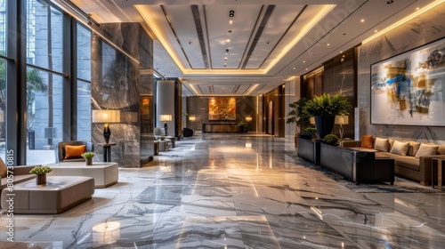 The hotel lobby is decorated with marble floors and high ceilings