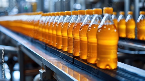 Line of bottling beverages in plastic bottles on clean light factory