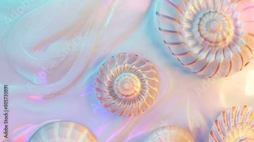 Spiral seashells cast in soft pastel light  creating a serene and artistic display. Intricate patterns of the shells and their harmonious placement.