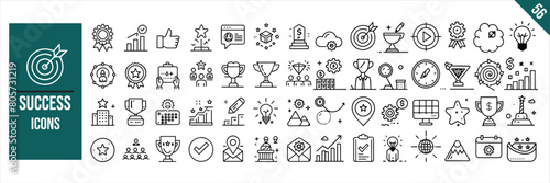Set of 56 outline icons related to Success. Linear icon collection. Vector illustration.