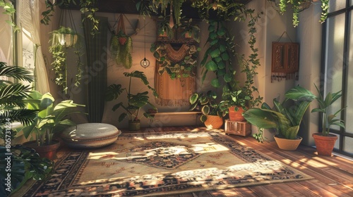 The image shows a beautiful sunlit room with a tiled floor  a large oriental rug  and many potted plants.