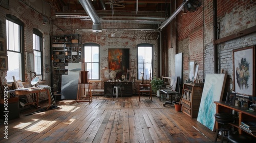 The image shows a large  open room with wooden floors and exposed brick walls