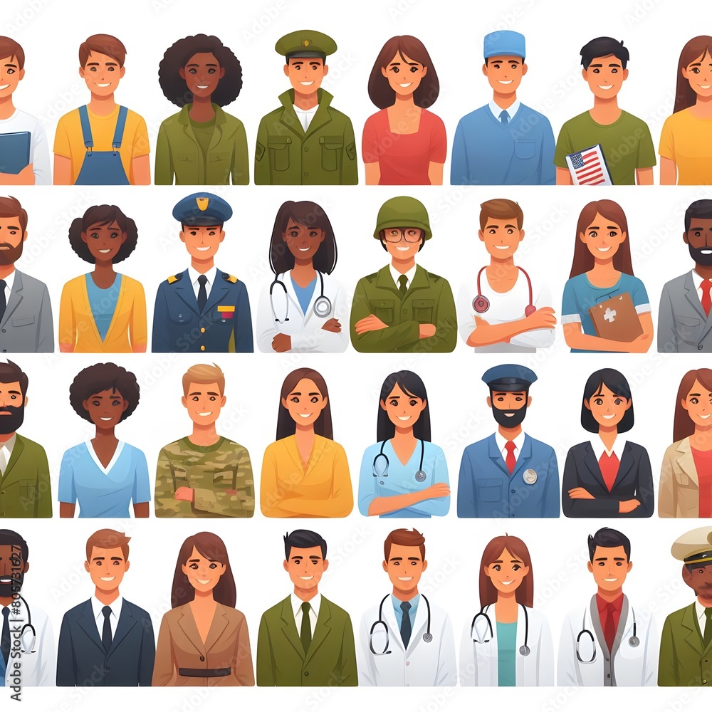 Avatars of people, soldiers, nurses, teachers, doctors, police are ready. Young men and women with thoughtful expressions. Modern character heads smiling happily, girls and guys, full body, one person Avatars of people, soldiers, nurses, teachers, doctors, police are ready. Young men and women with thoughtful expressions. Modern character heads smiling happily, girls and guys, full body, one person