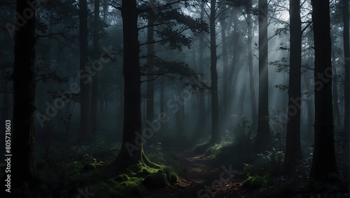 A misty forest scene with deep shadows and piercing light, evoking a moody atmosphere ai_generated