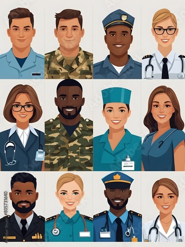 Avatars of people, soldiers, nurses, teachers, doctors, police are ready. Young men and women with thoughtful expressions. Modern character heads smiling happily, girls and guys, full body, one person