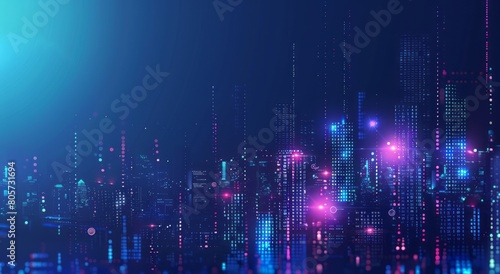Abstract blue digital cityscape background with glowing lights and holographic elements on dark blue gradient